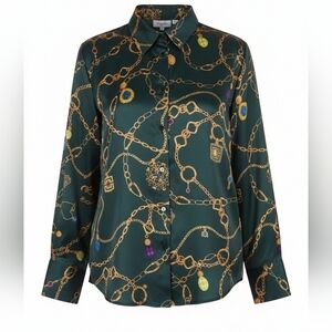 Susan Graver Green Gold Chain Print Button Down Shirt